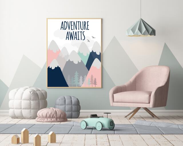 Mountains Nursery Print Adventure Awaits, Coral Navy Mint - Physical Print - image 1