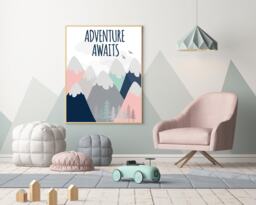 Mountains Nursery Print Adventure Awaits, Coral Navy Mint - Physical Print - thumbnail 1