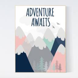 Mountains Nursery Print Adventure Awaits, Coral Navy Mint - Physical Print - thumbnail 2
