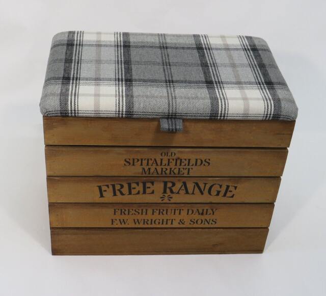 Large Rustic Wooden Storage Crate - Upholstered Check Fabric Lid Seat - image 1
