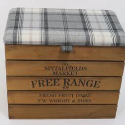 Large Rustic Wooden Storage Crate - Upholstered Check Fabric Lid Seat - thumbnail 2