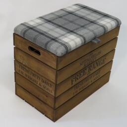 Large Rustic Wooden Storage Crate - Upholstered Check Fabric Lid Seat - thumbnail 3