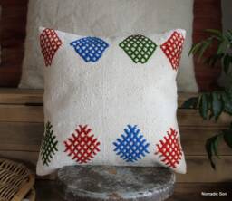 40cm Vintage Kilim Cushion Cover Handwoven - White With Strong Vibrant Primary Colours