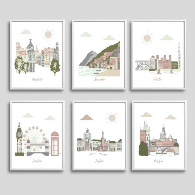 Travel Nursery Art - Madrid, Sorrento, Porto, London, Lisbon, Prague - Brown, Beige, Mint, Gray - image 1