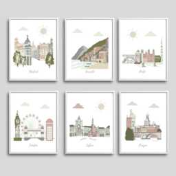 Travel Nursery Art - Madrid, Sorrento, Porto, London, Lisbon, Prague - Brown, Beige, Mint, Gray - thumbnail 1