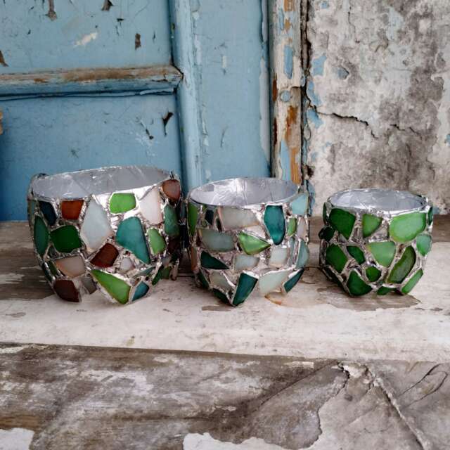 Recycled Planter, Sea Stained Glass Small Flower Pot, Cactus Succulent Beach Home Decor - image 1