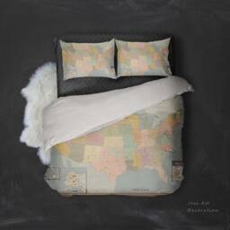 Usa Map Duvet Cover Set, Vintage Travel Bedding - thumbnail 3