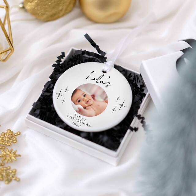 My First Xmas Christmas Photo Ornament, Bauble, Personalised Bauble Decoration 1st Baby's - image 1
