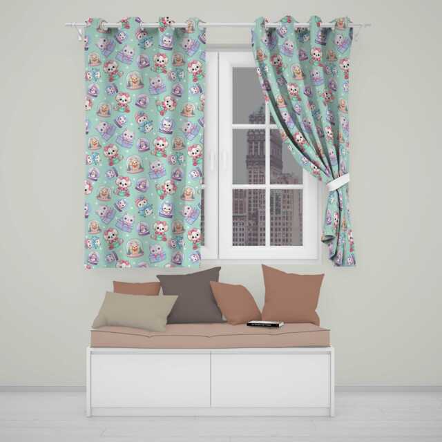 Cute Kittens Puppies Snow Globes Teal Background Seamless Pattern Readymade Eyelet Ring Top Thermal 100% Blackout Curtains - image 1