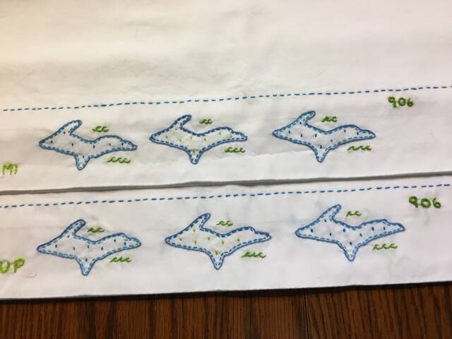 2 Hand Embroidered Pillowcases. Upper Peninsula Michigan . Blues & Greens 906. Vintage Style. 1 Pair. Bespoke. Handmade Hygge - image 1