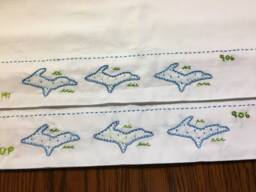 2 Hand Embroidered Pillowcases. Upper Peninsula Michigan . Blues & Greens 906. Vintage Style. 1 Pair. Bespoke. Handmade Hygge