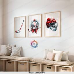 Custom Hockey Poster Set - 3 Red Prints - Boys Bedroom Decor Personalised Kids Room Artwork Print Sport Wall Art Gift - thumbnail 1