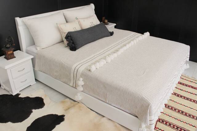 Moroccan Pompom Cotton Slub Throw Blanket With Tassels Hand Woven On A Wooden Loom, White Light Brown Stripes For Eclectic Interiors - image 1