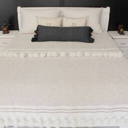 Moroccan Pompom Cotton Slub Throw Blanket With Tassels Hand Woven On A Wooden Loom, White Light Brown Stripes For Eclectic Interiors - thumbnail 2