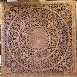 Large King Size Bed Mandala Headboard Bohemian Flower Wood Hand Carved Craving Teak Art Panels White Wash Wall Home Decor Thai 71