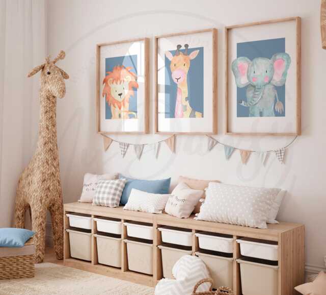 Safari Nursery Wall Prints, Watercolour Blue Jungle Art, Decor, Set Of Prints - image 1