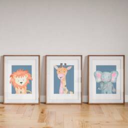 Safari Nursery Wall Prints, Watercolour Blue Jungle Art, Decor, Set Of Prints - thumbnail 4
