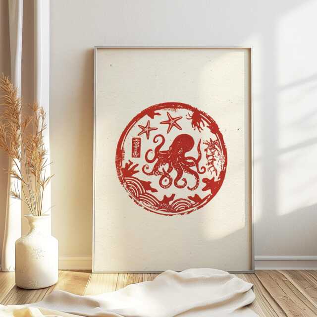 Retro Japanese Octopus Poster, Pop Art Print, Animal Modernist Asian Decor, Advertising Decor - image 1