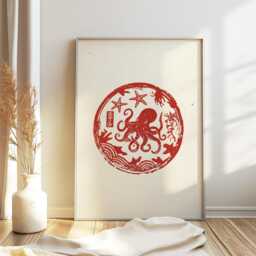 Retro Japanese Octopus Poster, Pop Art Print, Animal Modernist Asian Decor, Advertising Decor - thumbnail 1