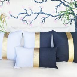 Gold Faux Leather Color Block Pillow Cover - Modern Scandinavian Design - thumbnail 3