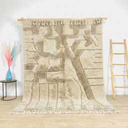 Beige & Grey Abstract Line Moroccan Rug - Handmade Berber Shag Carpet Large Area Minimalist Neutral Wool Decor - thumbnail 1