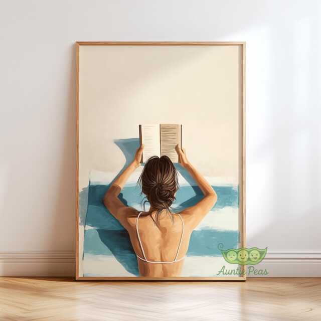 Beach Woman Reading Wall Art, Coastal Bookish Print, Summer Book Lover Nautical Ocean Decor, Minimal Library Illustration - image 1
