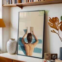 Beach Woman Reading Wall Art, Coastal Bookish Print, Summer Book Lover Nautical Ocean Decor, Minimal Library Illustration - thumbnail 2