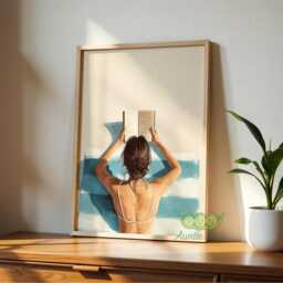 Beach Woman Reading Wall Art, Coastal Bookish Print, Summer Book Lover Nautical Ocean Decor, Minimal Library Illustration - thumbnail 3