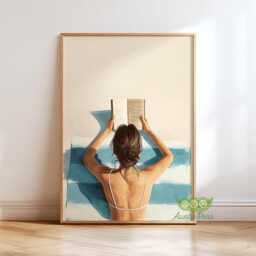 Beach Woman Reading Wall Art, Coastal Bookish Print, Summer Book Lover Nautical Ocean Decor, Minimal Library Illustration - thumbnail 1