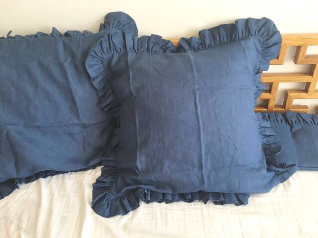 2 Pcs Set Shabby Chic Washed 100% Linen Ruffled Euro Sham Pillowcases - Navy Blue, Raspberry - image 1