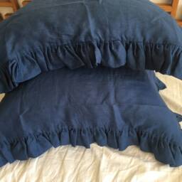 2 Pcs Set Shabby Chic Washed 100% Linen Ruffled Euro Sham Pillowcases - Navy Blue, Raspberry - thumbnail 3