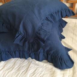 2 Pcs Set Shabby Chic Washed 100% Linen Ruffled Euro Sham Pillowcases - Navy Blue, Raspberry - thumbnail 2