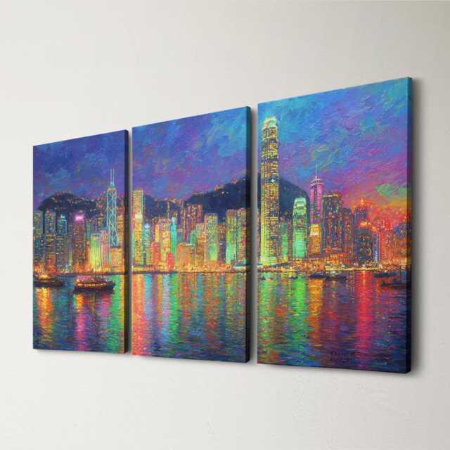 Hong Kong City Skyline 3 Panel Canvas Wall Art - Abstract Oil Painting Triptych Asian Travel Home Decor Modern Landscape - image 1