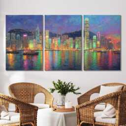 Hong Kong City Skyline 3 Panel Canvas Wall Art - Abstract Oil Painting Triptych Asian Travel Home Decor Modern Landscape - thumbnail 2