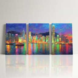Hong Kong City Skyline 3 Panel Canvas Wall Art - Abstract Oil Painting Triptych Asian Travel Home Decor Modern Landscape - thumbnail 3