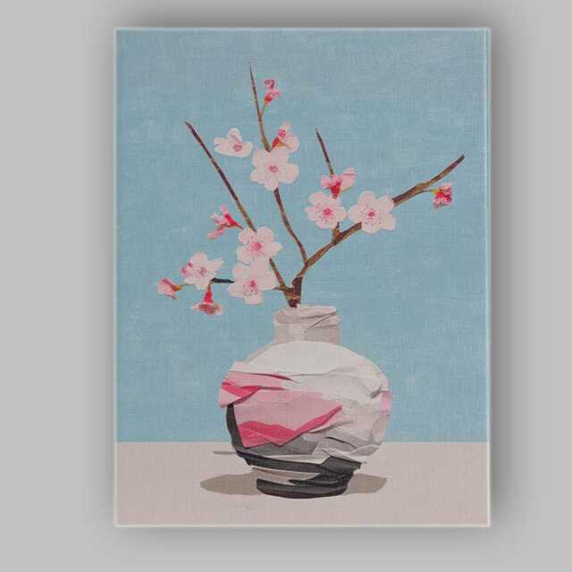 Delicate Pink Cherry Blossom Branch Paper Collage Vase Floral Canvas Wall Art Print Decor Picture Ready To Hang - image 1
