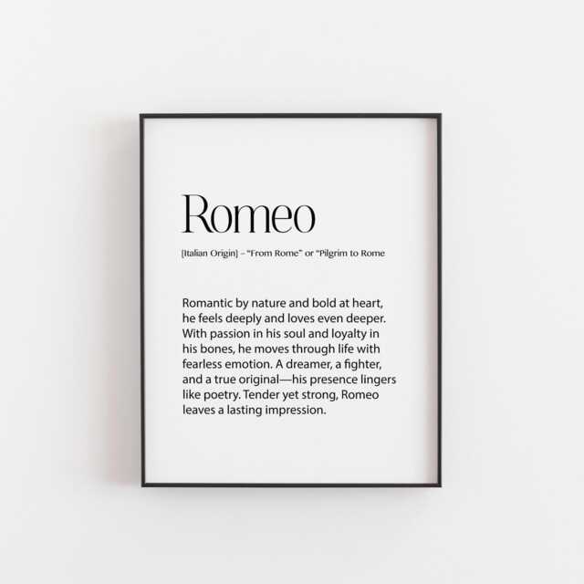 Romeo Name Meaning Print - Passionate, Loyal & Bold Wall Art, Romantic Gift, Italian Poster, Anniversary & Birthday Decor, Definition - image 1