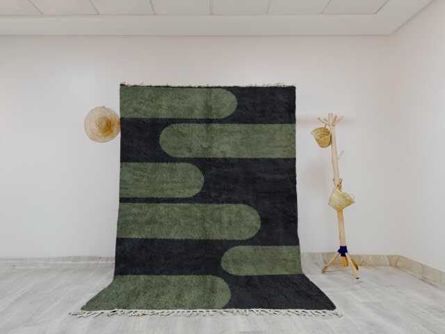Modern Moroccan Wool Rug - Black & Olive Green Abstract Design - Handwoven Beni Ourain Style Carpet Contemporary Geometric Area - image 1
