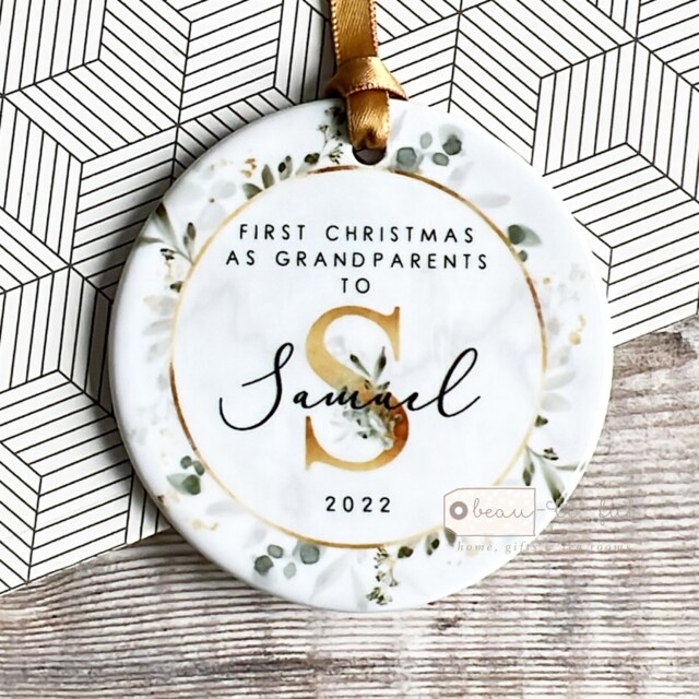 Personalised First Christmas As Grandparents Gran Grandma Nanna New Baby Botanical Greenery Ceramic Or Acrylic Round Ornament Keepsake - image 1