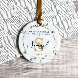 Personalised First Christmas As Grandparents Gran Grandma Nanna New Baby Botanical Greenery Ceramic Or Acrylic Round Ornament Keepsake - thumbnail 2