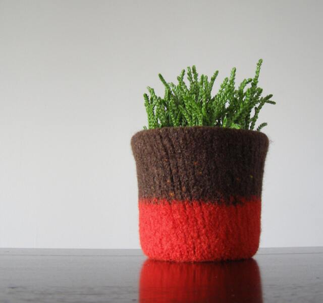 Felted Wool Planter With Waterproof Lining - Tweed Brown & Red Hostess Gift, Gifts For Gardeners Office Decor - image 1