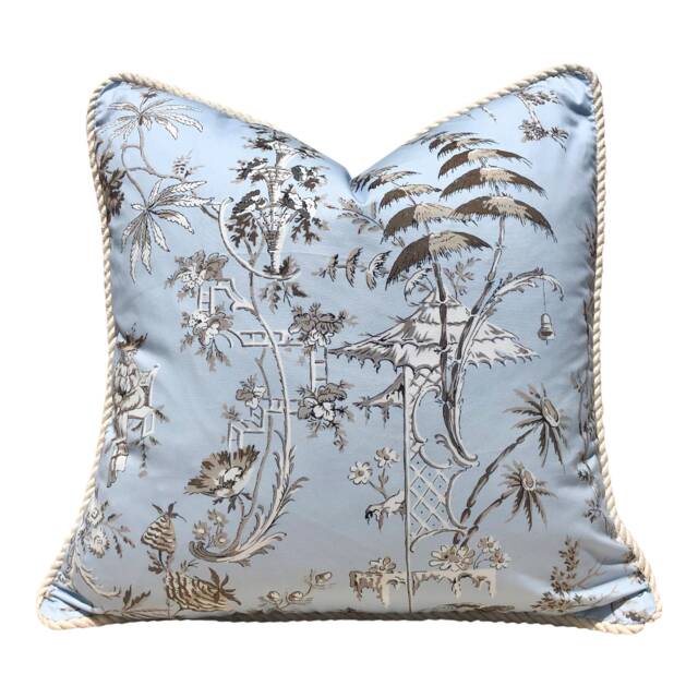 Scalamandre Nanjing Sky Blue Pillow Cover, Luxury Chinoiserie Decorative Pillow, Designer Beige Throw Cushion, High-End Accent - image 1