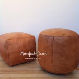 Pair X 2 Square Moroccan Leather Ottoman Pouf, Square Pouf , Square Leather Ottoman, Moroccan , Poof - thumbnail 4