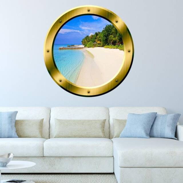 Sandy Beach Porthole 3D Ocean View Wall Decal Peel & Stick Decor - Vwaq Gp36 - image 1