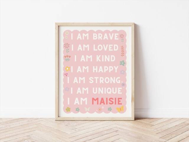 Girls Affirmation, Childrens Prints, Nursery Wall Art, Pink Girls Poster, Gift For Girl, I Am Kind - image 1