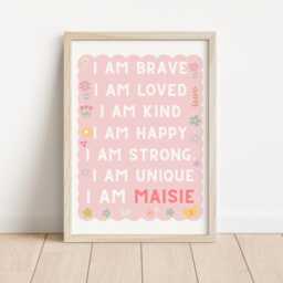 Girls Affirmation, Childrens Prints, Nursery Wall Art, Pink Girls Poster, Gift For Girl, I Am Kind - thumbnail 3