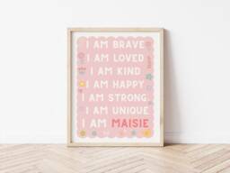 Girls Affirmation, Childrens Prints, Nursery Wall Art, Pink Girls Poster, Gift For Girl, I Am Kind - thumbnail 1
