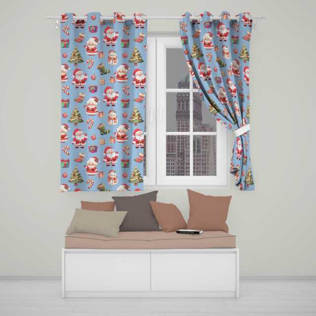 Cute Santa Claus Mrs Snowman Gift Candy On Blue Background Seamless Readymade Eyelet Ring Top Thermal 100% Blackout Curtains - image 1
