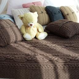 Beautiful Hand Knitted Brown Bedspread+ 2 Knitted Pillow Covers Set, Cable Knit Blanket - thumbnail 3
