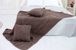 Beautiful Hand Knitted Brown Bedspread+ 2 Knitted Pillow Covers Set, Cable Knit Blanket